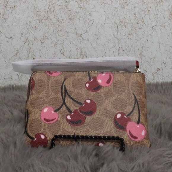 Coach Signature Corner Zip Wristlet with Cherry Print (Tan) - Picture 3 of 6